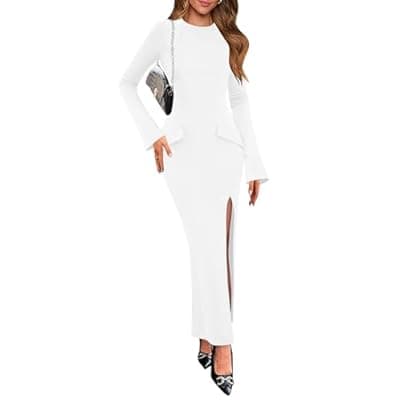 Lazysmile Fall Dresses for Women Long Sleeve Mock Neck Buckle Back Backless Bodycon Split Cocktail Wedding Guest Long Dress