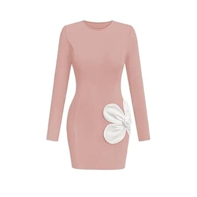 Lazysmile Fall Dresses for Women Long Sleeve Crewneck Floral Slim Fit Bodycon Party Club Going Out Casual Mini Short Dress