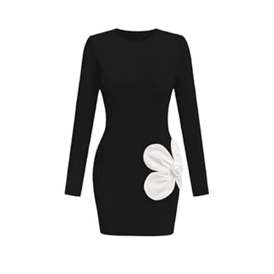 Lazysmile Fall Dresses for Women Long Sleeve Crewneck Floral Slim Fit Bodycon Party Club Going Out Casual Mini Short Dress