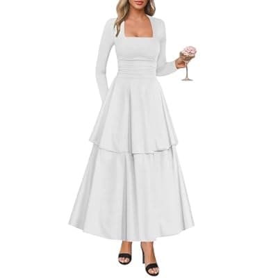 Lazysmile Women's Long Sleeve Fall Dresses Square Neck Ruched Waist Ruffle Hem Flowy Elegant Modest Boho Casual Maxi Dress