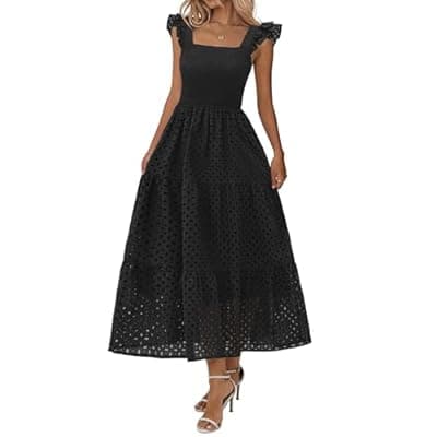 Lazysmile Womens Summer Maxi Dress Square Neck Ruffle Cap Sleeve Hollow Out Eyelet Smocked Tiered A Line Boho Sundress