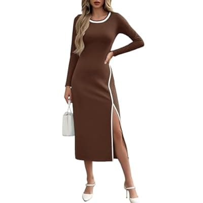 [Wenrine] Wenrine Womens Long Sleeve Midi Dress 2025 Casual Fall Crewneck High Slit A Line Contrast Loose Maxi Dresses