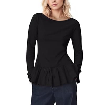 [Ceputer] Ceputer Womens Long Sleeve Peplum Tops Cute Ruffle Flowy Babydoll Shirts Fall Casual Pleated Crew Neck Tunic Tees