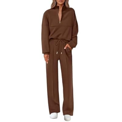 Lazysmile 2 Piece Sets For Women Lapel Half Zip Sweatshirt and Wide Leg Long Pants Sweatsuit Lounge Sets Workout Sets
