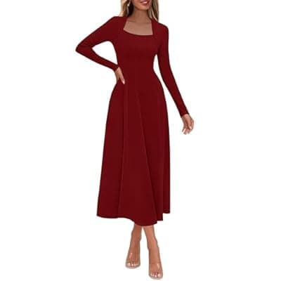 Lazysmile Long Sleeve Fall Dresses for Women Square Neck A Line Flowy Casual Elegant Wedding Guest Party Maxi Dress