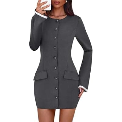 Lazysmile Women's Casual Dresses Long Sleeve Boat Neck Button Down Bodycon Mini Fall Party Club Cocktail Dresses for Women