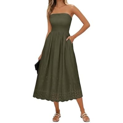 Lazysmile Summer Boho Maxi Dress for Women Strapless Tube Top Lace Trim A Line Beach Casual Long Dress