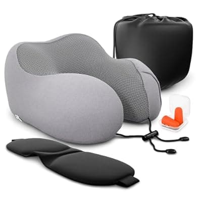 [Point2Points] 100% Memory Foam Plane Neck Pillow for Long Flights with Adjustable Button Closure – 4-in-1 Set with 3D Eye Mask, Earplugs & Washable Cotton Cover – Airplane Pillow Neck Support for Car & Train (Gray)