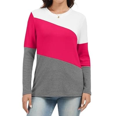 [Jeqeocafy] Jeqeocafy Women's Color Block Tunics Tops Crewneck Long Sleeve Shirts Casual Pullover Loose Fit T-Shirt