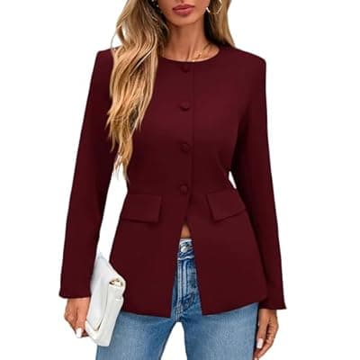 Lazysmile Blazers for Women Long Sleeve Crewneck Button Down Suit Jackets Work Office Business Casual Outfits with Pockets