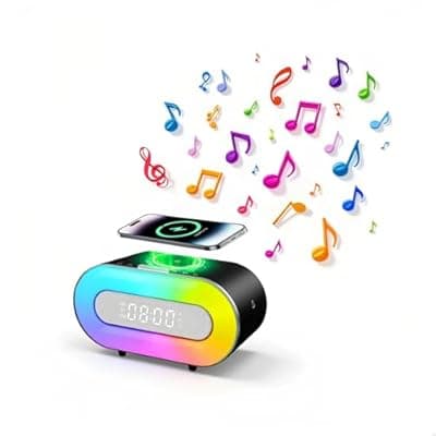POSVIU 5-in-1 Portable Bluetooth Speaker with Dual Stereo Speakers, RGB LED Atmosphere Table Lamp, 15W Wireless Charging Station, Dimmable Clock, Foldable Phone Stand, Teen Boy Girl Trendy Stuff Gift