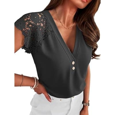 Angashion Womens Tops Lace Short Sleeve Casual V Neck Tunic with Button Summer Elegant Business Work Blouse