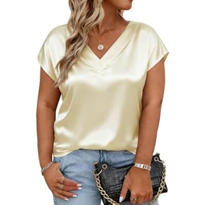 [Beautife] Beautife Womens Plus Size Tunic Tops Satin V Neck Cap Sleeve Shirts Summer Dressy Casual Blouses