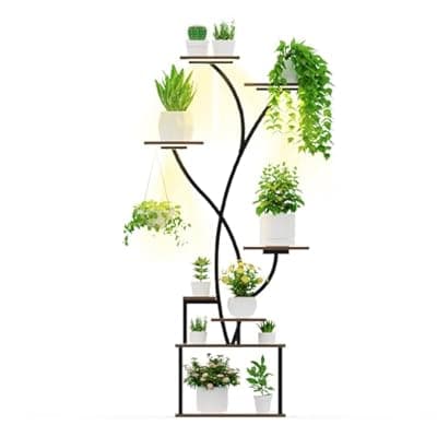 BRITEWAVE Botanical Indoor Plant Stand with Growth Lamps, 8 Level Triple Head Bulbs, 64.17" Corner Design Metal Greenery Exhibits for Patio and Living Area Decor