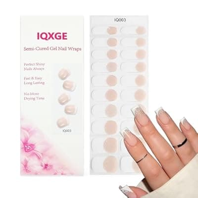 IQXGE 20PCS Nude Semi Cured Gel Nail Strips French Tip UV Light Needed White Glitter Nail Wraps for Women Polish Gel Nails Stickers Full Glossy UV Nails Polish Strips with File, Wood Stick, Prep Pads