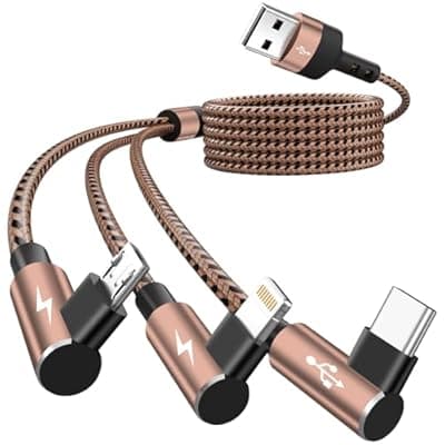 [Jogrytece] 90 Degree USB Multi Charging Cable, 3 in 1 USB Cable for iPhone 17 Charger/ IP/Micro Port, Cruise Travel Essentials Right Angle Sideways Multi Charger Portable Designed for Phone Accessories 5FT 1Pack