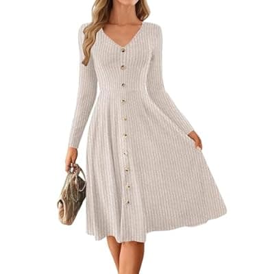 Lazysmile Long Sleeve Fall Winter Dresses for Women V Neck Button Down A Line Swing Casual Knit Sweater Dress