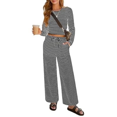 Lazysmile Lounge Sets For Women Casual Striped 2 Piece Outfits Long Sleeve Tops and Wide Leg Pants Loungewear Pajama Set
