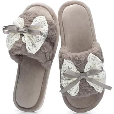 GOEWY Women's Open Toe Memory Foam Slippers - Cute Fuzzy House Shoes with Lace Bow, Soft Plush Slides for Indoor Comfort, Cozy Non-Slip Gift Gifts for Women Mom Ladies