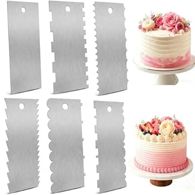 [Generic] 6 Pack Stainless Steel Cake Scraper & Icing Smoother – Double Sided Patterned Stripe Edge Decorating Comb for Buttercream, Mousse and Frosting, Professional Baking Tool