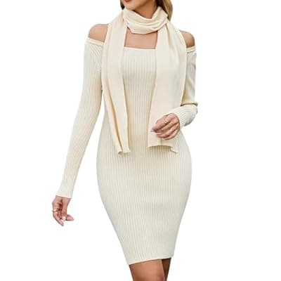 Blooming Jelly Womens Off Shoulder Sweater Dress Scarf Long Sleeve Mini Bodycon Dresses Fall Trendy Ribbed Winter Sweater