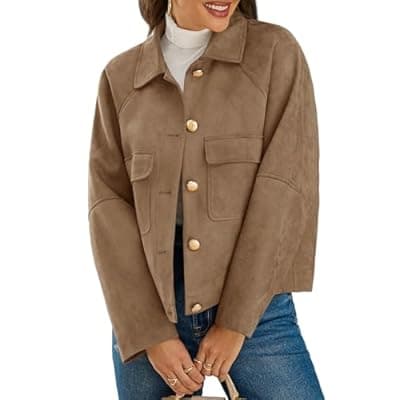 Cicy Bell Womens Faux Suede Leather Jackets Oversized Cropped Casual Lapel Collar Button Down Fall Vintage Shackets