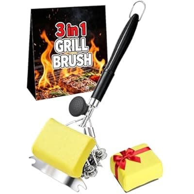 [YEBLEM] Magnetic 3-in-1 Grill Brush with Power Press Handle & Lock - 18" Detachable BBQ Cleaner for Heavy Duty Grime, Bristle-Safe Sponges, Ideal BBQ Gift for Men/Dad - Black