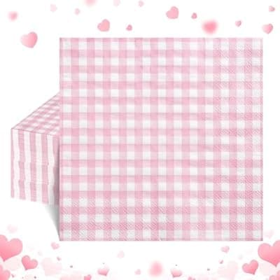 80 Pcs Pink Gingham Napkins, 6.5X6.5 Inch Valentines Napkins Pink and White Checkered Napkins Plaid Cocktail Napkin for Baby & Bridal Shower, Wedding, Picnic