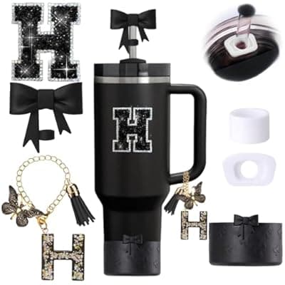 [MOTEERLLU] 6pcs Black Stanley Cup Accessories Set, Bow Straw Topper for Stanley Cup 30oz 40oz, Including Straw Topper and Bow Silicone Boot, Stoppers Spill Proof, Handle Charm, Initials Sticker
