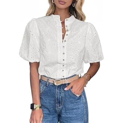 Lazysmile Summer Boho Tops for Women Short Sleeve V Neck Button Down Hollow Out Lace Embroidered Blouses Shirts