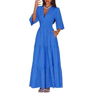 Lazysmile Long Sleeve Dresses For Women V Neck Hollow Out Eyelet Ruffle Swing A-Line Fall Vacation Boho Maxi Dress