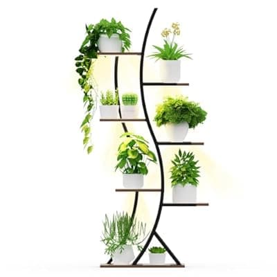 BRITEWAVE Indoor Plant Shelf Featuring Grow Lamp, 60.24" High 7-Tier Exhibition Unit, S-Curve Corner Design for Floral and Foliage Showcase in Living Area, Patio, Balcony Décor