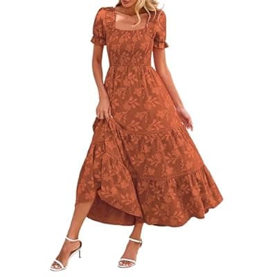 Lazysmile Women's Summer Boho Floral Maxi Dress Short Sleeve Square Neck Smocked Ruffle Elegant Wedding Guest Dress