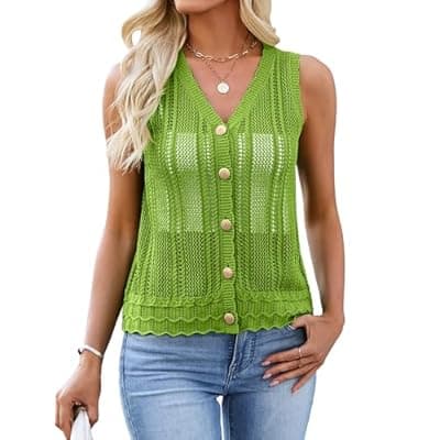 Bellcoco Womens Crochet V Neck Sweater Vest Hollow Out Summer Sleeveless Tops Knit Spring Cardigans Button Down Tank Top