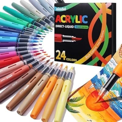 [Niodel] 24 Colors Acrylic Paint Markers, Flexible Single Tip Paint Pens, Waterproof High Coloring Pens, for Rock Painting Wood Canvas Glass Metal Fabric, DIY Crafts School Art Supplies Kit, Gifts, Decoration