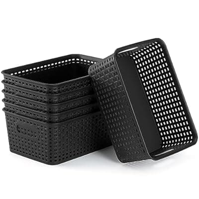 AREYZIN Plastic Storage Baskets Set of 6 Sturdy Small Organizer Plastic Storage Bins Baskets for Shelves,Closet,Countertops, Desktops, Cabinets and Badrooms,Black