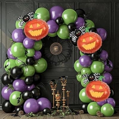 Halloween Balloon Garland Arch Kit, 160Pcs Green Purple Black Balloons with Soider Pumpkin Foil Balloons for Halloween Party Decorations
