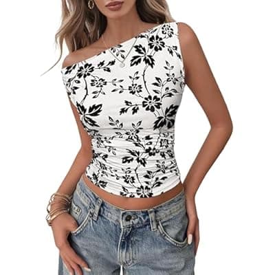 Lazysmile Womens Summer Floral Off Shoulder Tops Sleeveless Ruched Slim Fit Shirts Blouse Y2K Going Out Mesh Tank Tops
