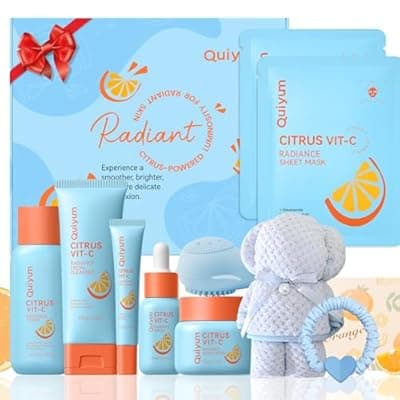 QUIYUM Citrus &Vit-C Glow Skincare Set - 6-Step Daily Routine with Cleanser, Toner, Serum, Eye Cream, Moisturizer &Face Mask, Gift Set for Women Teens Girls, Oil-Control Formula for Fresh Radiant Skin