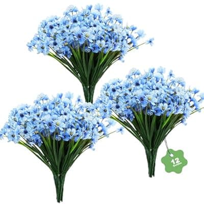 [DOMMARE] DOMMARE Fake Faux Plant Artificial Flowers for Outdoors, Uv Resistant Silk Flowers Daisies Decoration for Wedding Window Boxes Summer Indoors Gardens Home Grave Decor Memorial Day‌, Blue 12 Bundles