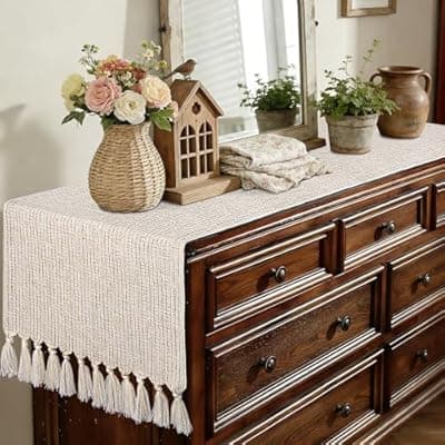 yuboo Boho Dresser Runners for Bedroom, Rustic Farmhouse Table Runner 72 inches Long, Woven Shabby Coffee Dresser Runner, Beige Table Runners for Dining Bridal Shower Dresser Spring Table Decor