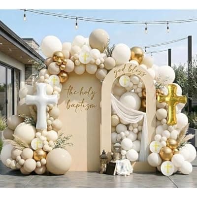 [Olamivra] Neutral Baptism Balloon Decoration Kit with 2 Cross Foil Balloons, Double Stuffed Sand White Ivory Gold Balloon Arch Garland for First Holy Communion, Christening, God Bless Party Supplies