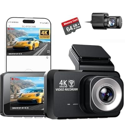 4K Dual Channel Dash Cam Front and Rear, Free 64GB Card Included, 5.8GHz WiFi Dash Camera for Cars, Built-in GPS, G-Sensor, 170°Wide Angle, 3" IPS Screen, 24H Parking Mode, Support 512GB Max