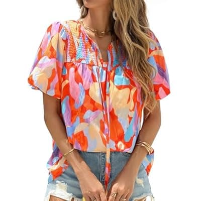 KIRUNDO Boho Tops for Women Summer 2026 Dressy Floral Blouse V Neck Drawstring Short Sleeve Shirts Beach Vacation Clothes