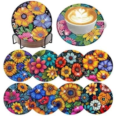 ijbnhd 8 Pcs Flowers Diamond Art Coasters with Holder-DIY Flowers Diamond Painting Coasters 5D Gem Art Coaster with Cork Pads for Adults (4X4inch) (Cork Wooden Pad)