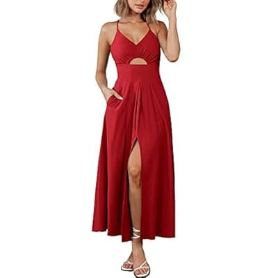 BTFBM Women 2026 Spaghetti Strap Midi Summer Dresses Sleeveless V Neck Cutout Slit Casual Beach Party Maxi Dress Pockets