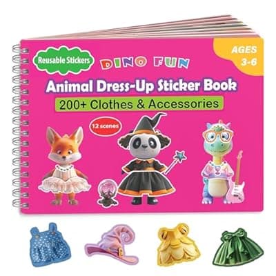 Dino Fun Animal Dress-up Sticker Book for Kids, Reusable Sticker Book for Toddlers 2-4 Years,12 Animals+Over 200 Cloths & Accessories,Sticker Dress up - Removable Sticker Activity Book for Girls