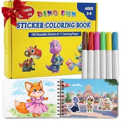 Dino Fun Reusable Sticker & Coloring Book for Kids | 2-in-1 Set with 160+ Stickers, 6 Markers & 11 Themes | Educational Travel Toy Gift for Ages 4-8