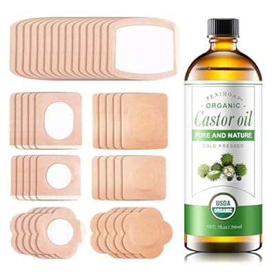 30Pcs Adhesive Castor Oil Patch with 7oz Organic Castor Oil Cold Pressed, Cotton Caster Oil Pack Wrap for Waist Back Neck Arm Belly